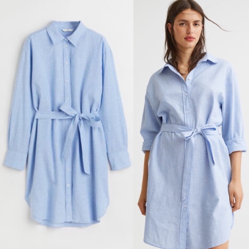 Blue Linen-blend Shirt Dress (S)